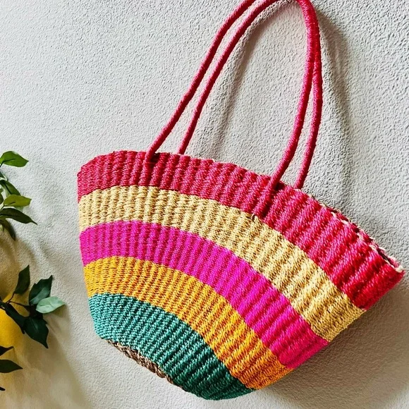 Bright Colorful Striped BORACAY Straw Zip Closure Boho Medium Tote Shoulder Bag - Picture 10 of 13